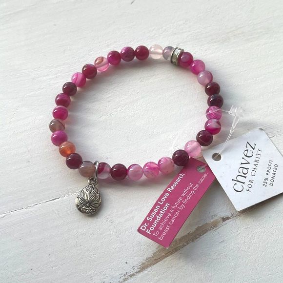 Chavez for Charity Jewelry - cfc Semi-Precious Agate Bright Pink Beaded Bracelet with Silver Tone Lotus Charm